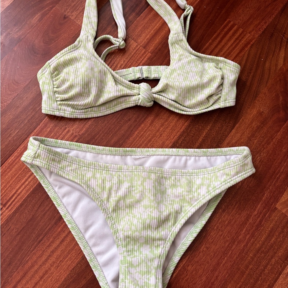 Green and White Bikini Set